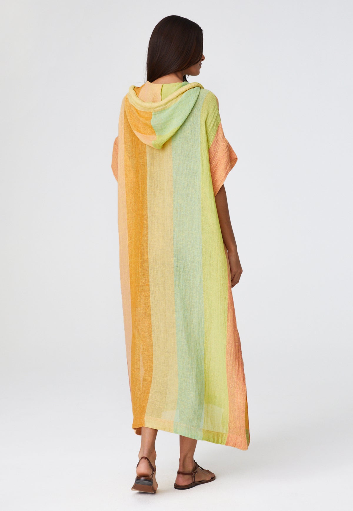 THE DRAWSTRING HOODED CAFTAN in CITRUS AWNING STRIPED GAUZE
