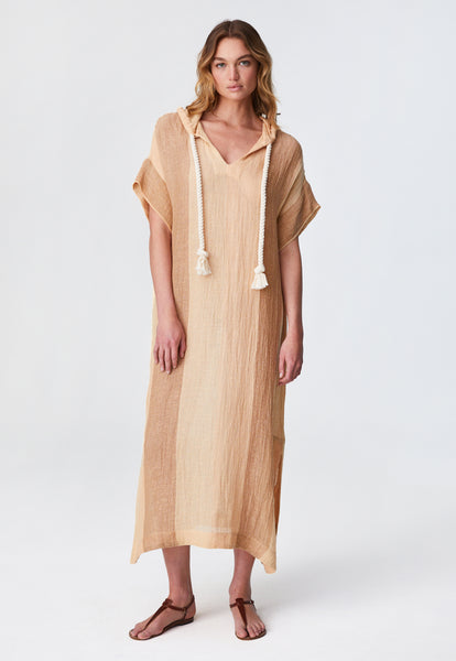THE DRAWSTRING HOODED CAFTAN in DESERT AWNING STRIPED GAUZE