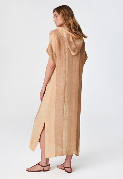 THE DRAWSTRING HOODED CAFTAN in DESERT AWNING STRIPED GAUZE