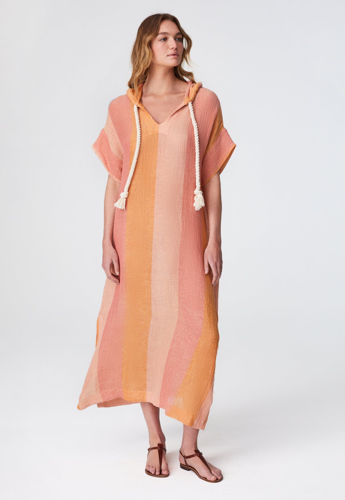 THE DRAWSTRING HOODED CAFTAN in SUNSET AWNING STRIPED GAUZE