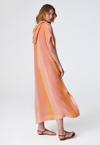 THE DRAWSTRING HOODED CAFTAN in SUNSET AWNING STRIPED GAUZE