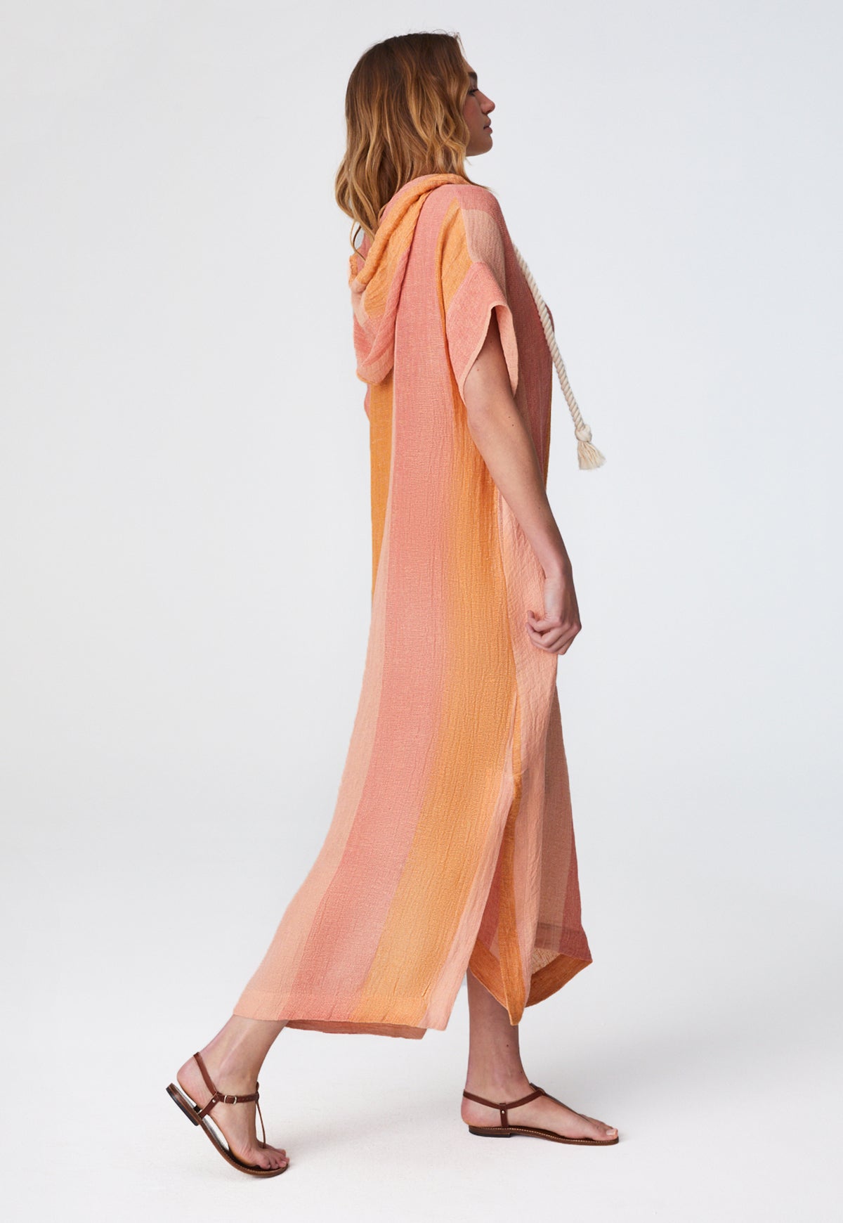 THE DRAWSTRING HOODED CAFTAN in SUNSET AWNING STRIPED GAUZE