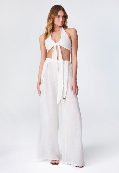 THE FARRAH HALTER TIE TOP in WHITE ORGANIC GAUZE