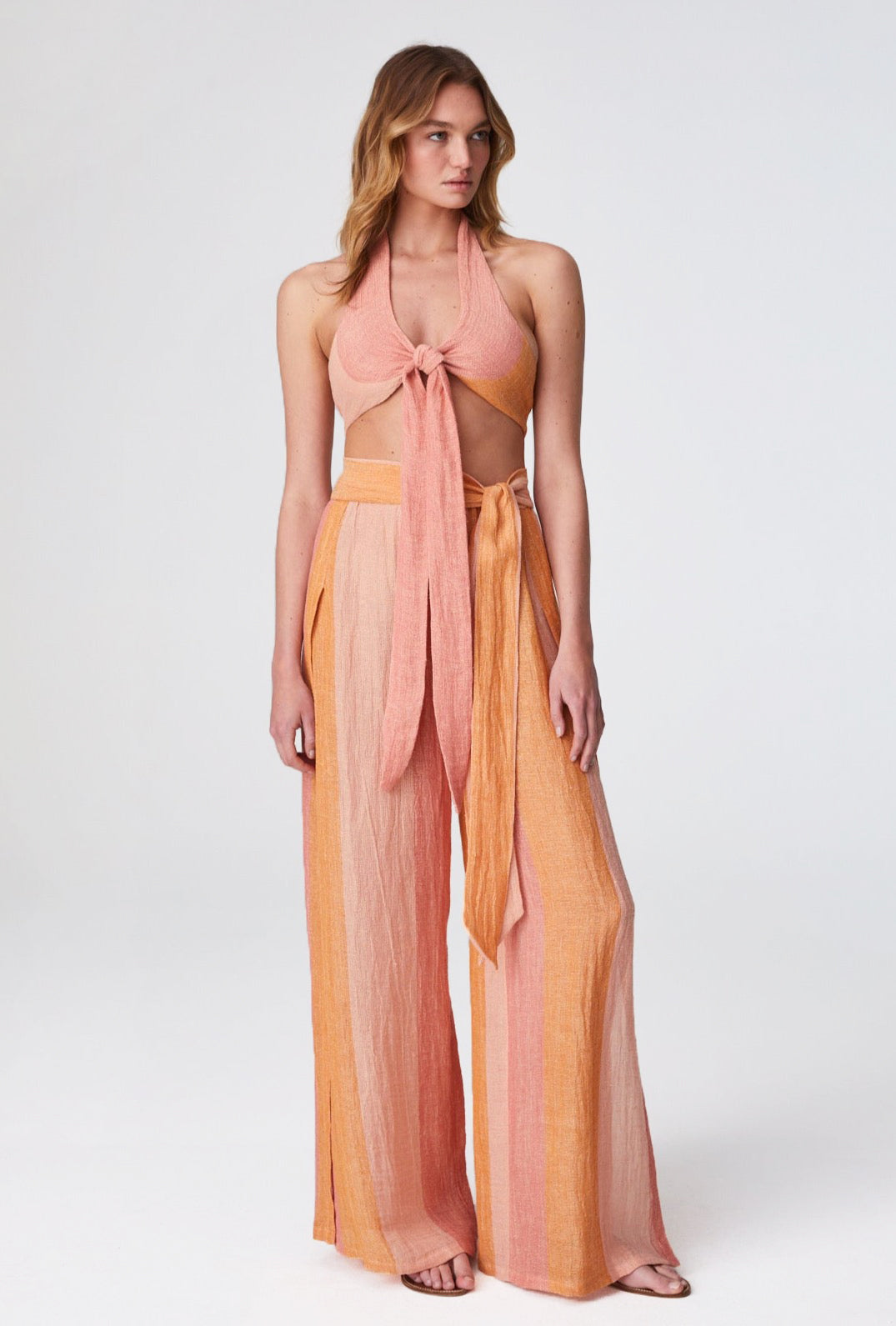 THE WIDE LEG OPEN-SIDE PANT in SUNSET AWNING STRIPED GAUZE