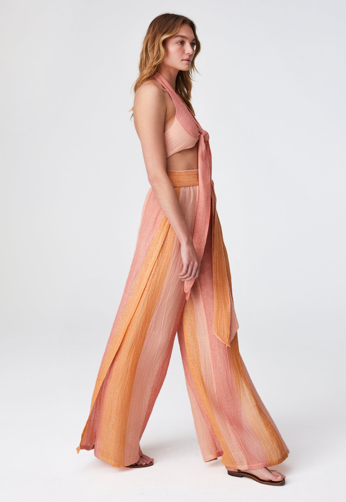 THE OPEN SIDE WIDE LEG PANT in SUNSET AWNING STRIPE CHIOS GAUZE