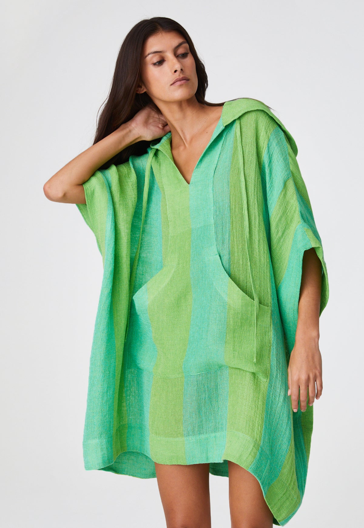 THE HOODED PONCHO in GUAVA AWNING STRIPED GAUZE