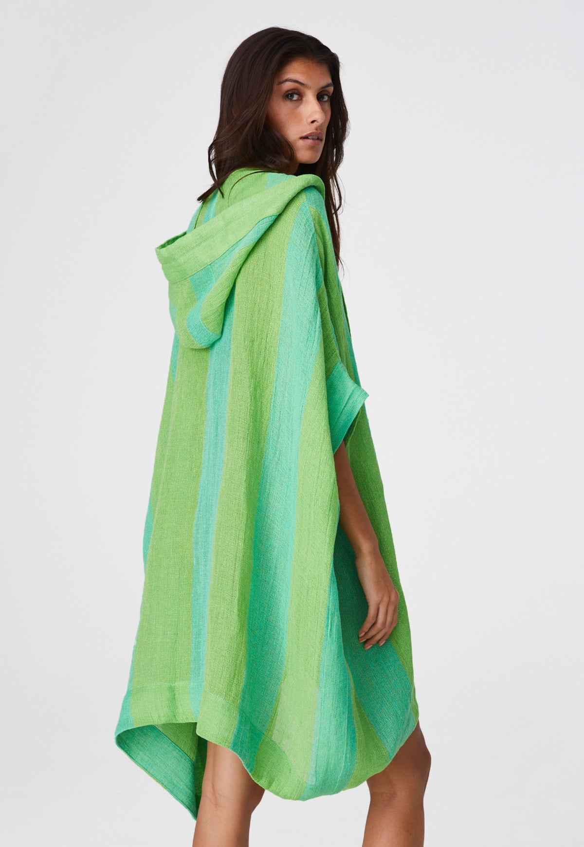 THE HOODED PONCHO in GUAVA AWNING STRIPED GAUZE