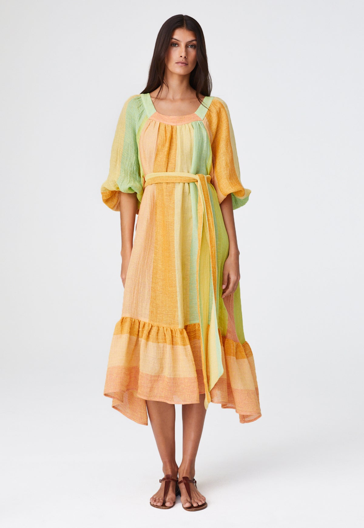 THE LAURE DRESS in CITRUS AWNING STRIPED GAUZE