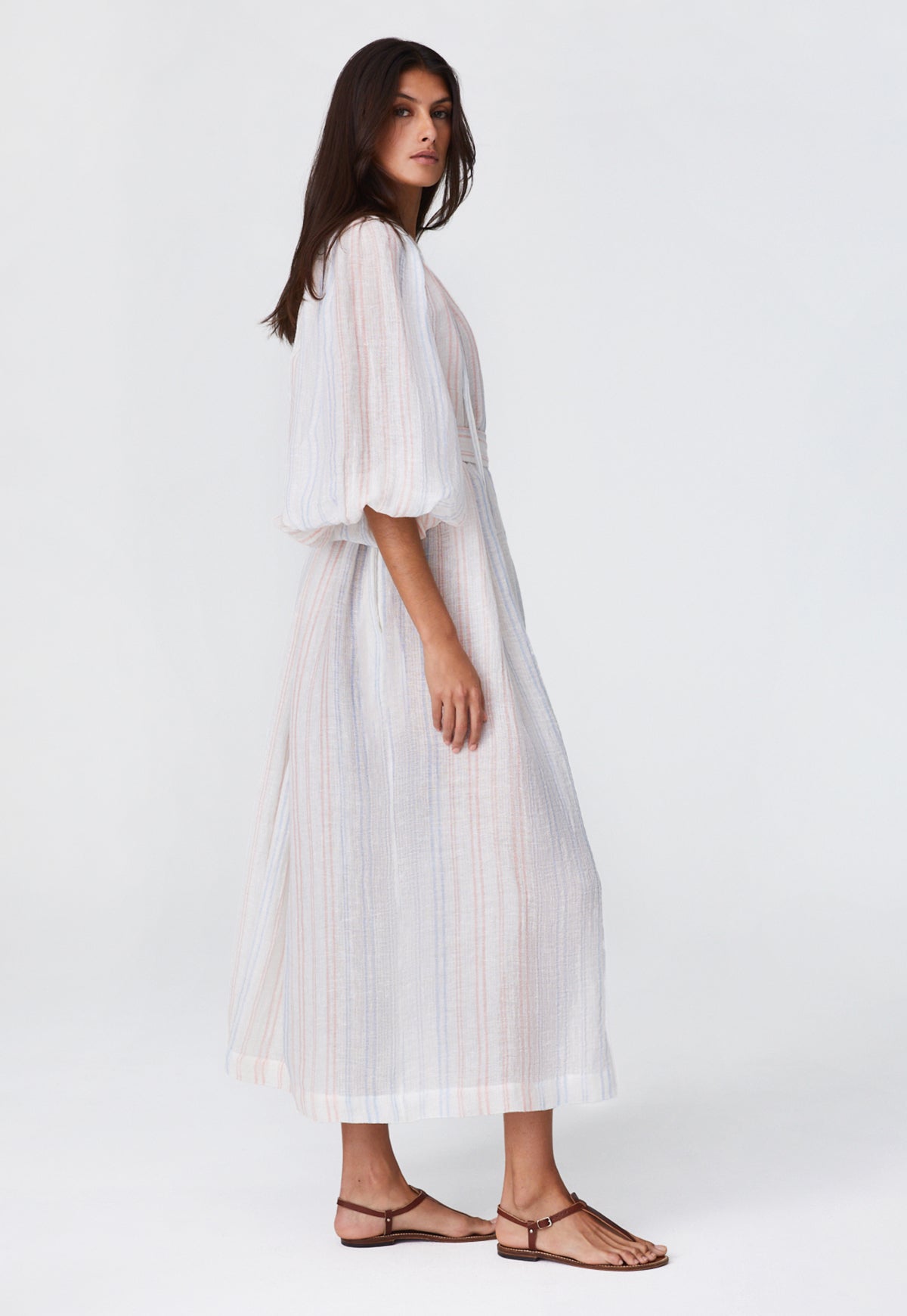 THE POET DRESS  in WHITE & PINK & BLUE STRIPED GAUZE