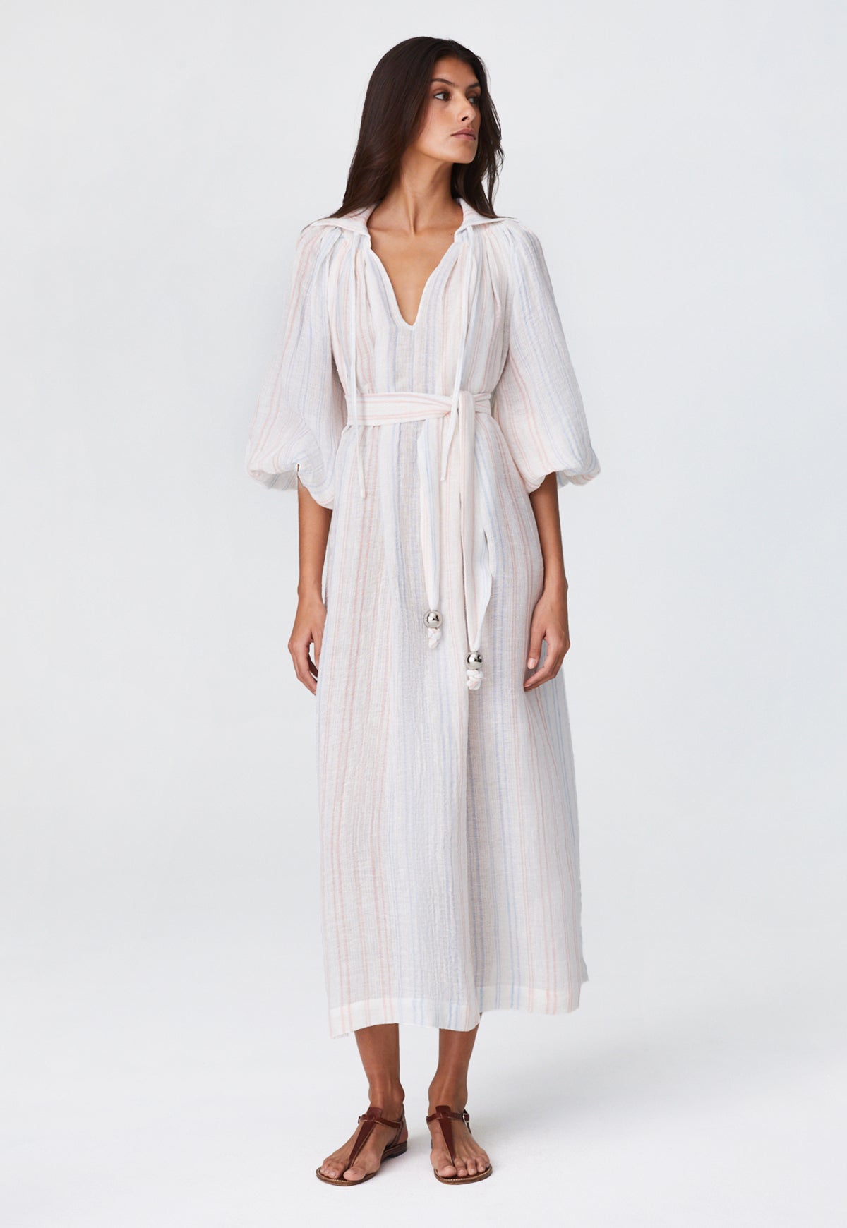 THE POET DRESS  in WHITE & PINK & BLUE STRIPED GAUZE