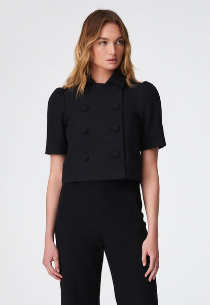 THE PUFF SLEEVE JACKET in BLACK TEXTURED COTTON