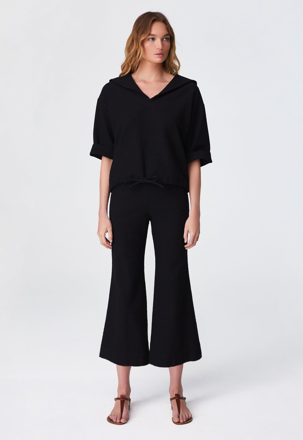 THE FLARE TROUSER in BLACK TEXTURED COTTON