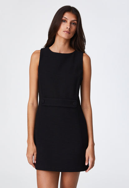 THE SLEEVELESS BELTED MINI DRESS in BLACK TEXTURED COTTON