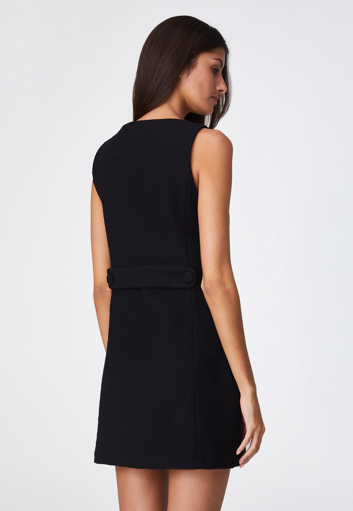 THE SLEEVELESS BELTED MINI DRESS in BLACK TEXTURED COTTON