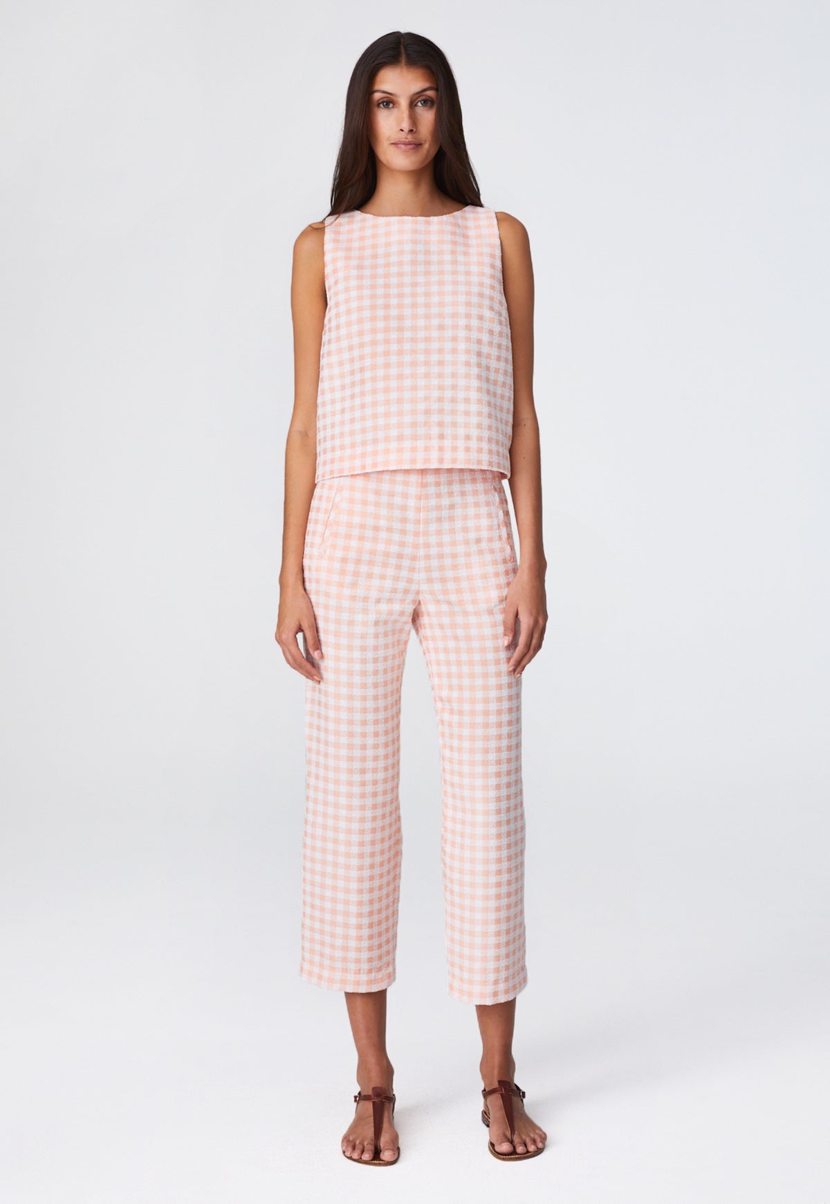 THE STRAIGHT LEG TROUSER in CORAL GINGHAM BOUCLE COTTON