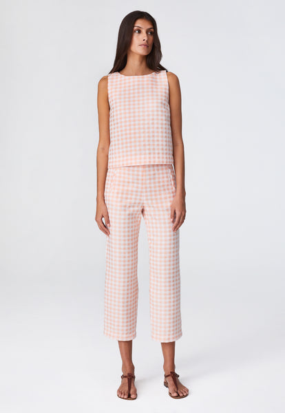 THE STRAIGHT LEG TROUSER in CORAL GINGHAM BOUCLE COTTON