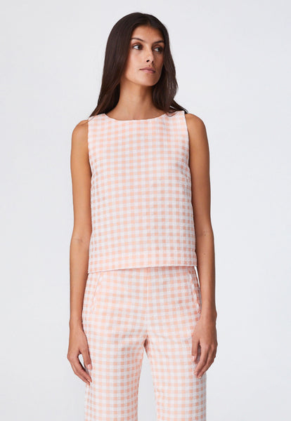 THE SLEEVELESS SHIFT TOP in CORAL GINGHAM BOUCLE COTTON