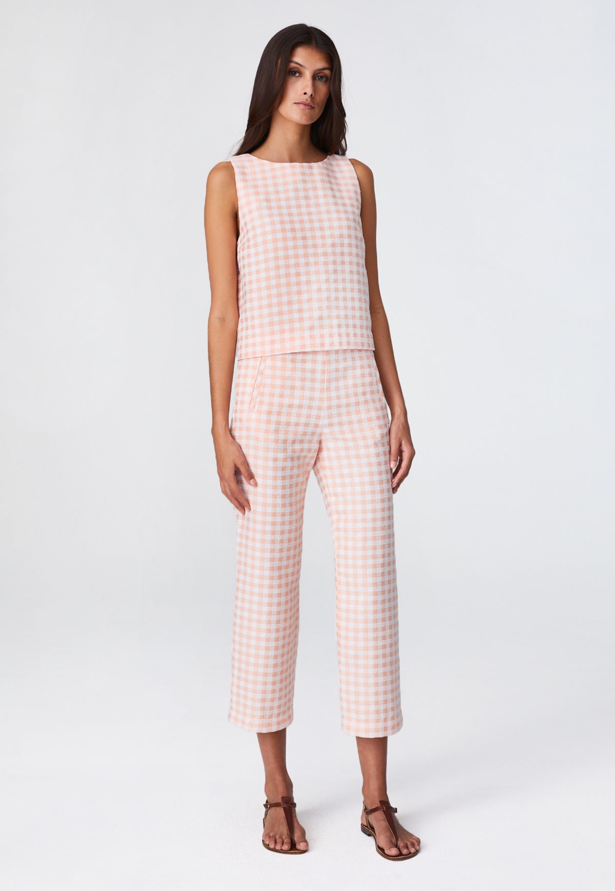 THE STRAIGHT LEG TROUSER in CORAL GINGHAM BOUCLE COTTON