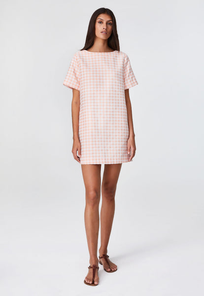 THE T-SHIRT DRESS in CORAL GINGHAM BOUCLE COTTON