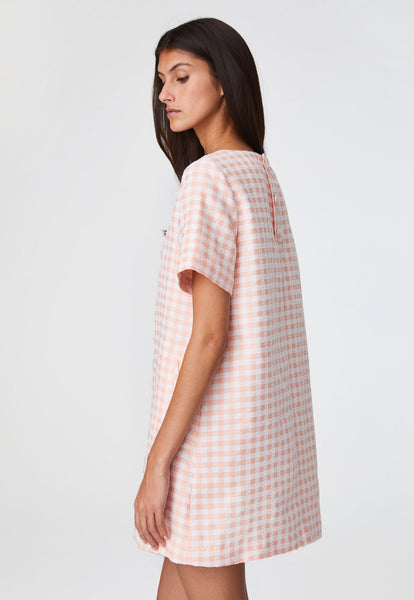 THE T-SHIRT DRESS in CORAL GINGHAM BOUCLE COTTON