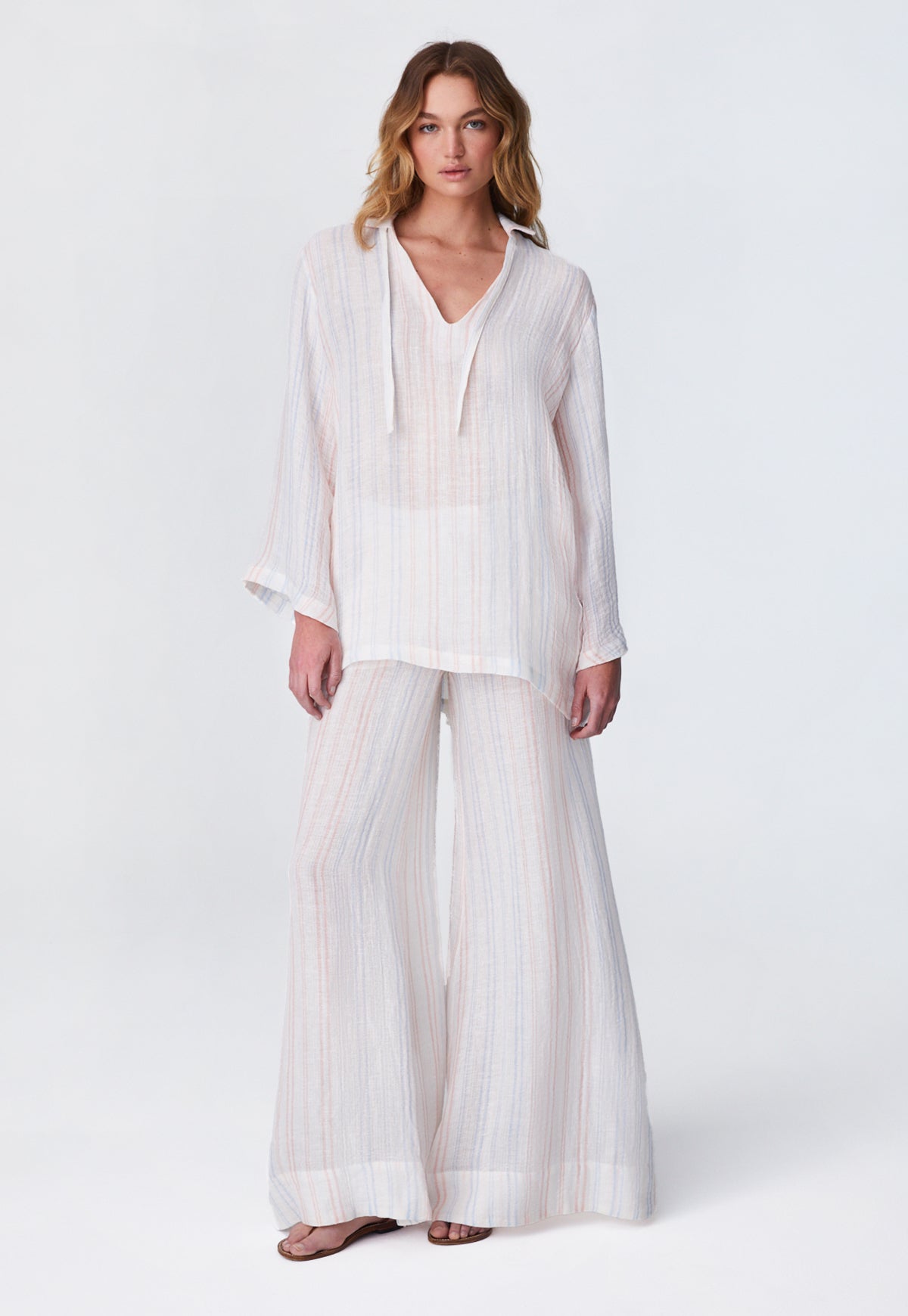 THE LOW-WAIST WIDE LEG PANT  in WHITE & PINK & BLUE STRIPED GAUZE