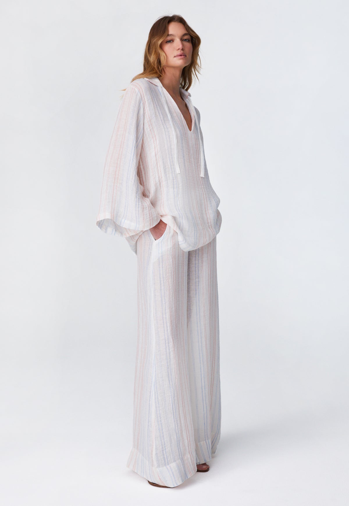 THE LOW-WAIST WIDE LEG PANT  in WHITE & PINK & BLUE STRIPED GAUZE