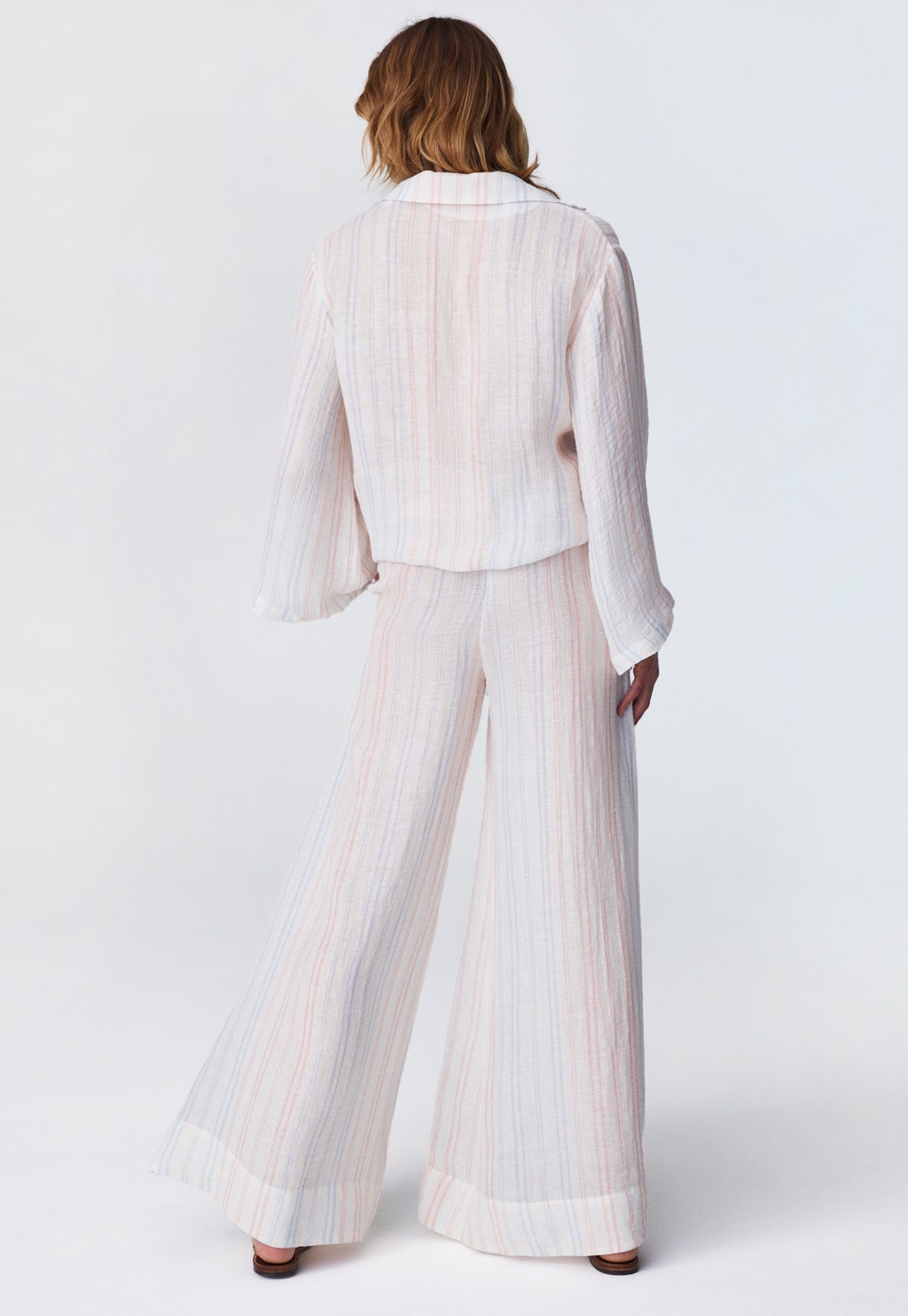 THE LOW-WAIST WIDE LEG PANT  in WHITE & PINK & BLUE STRIPED GAUZE