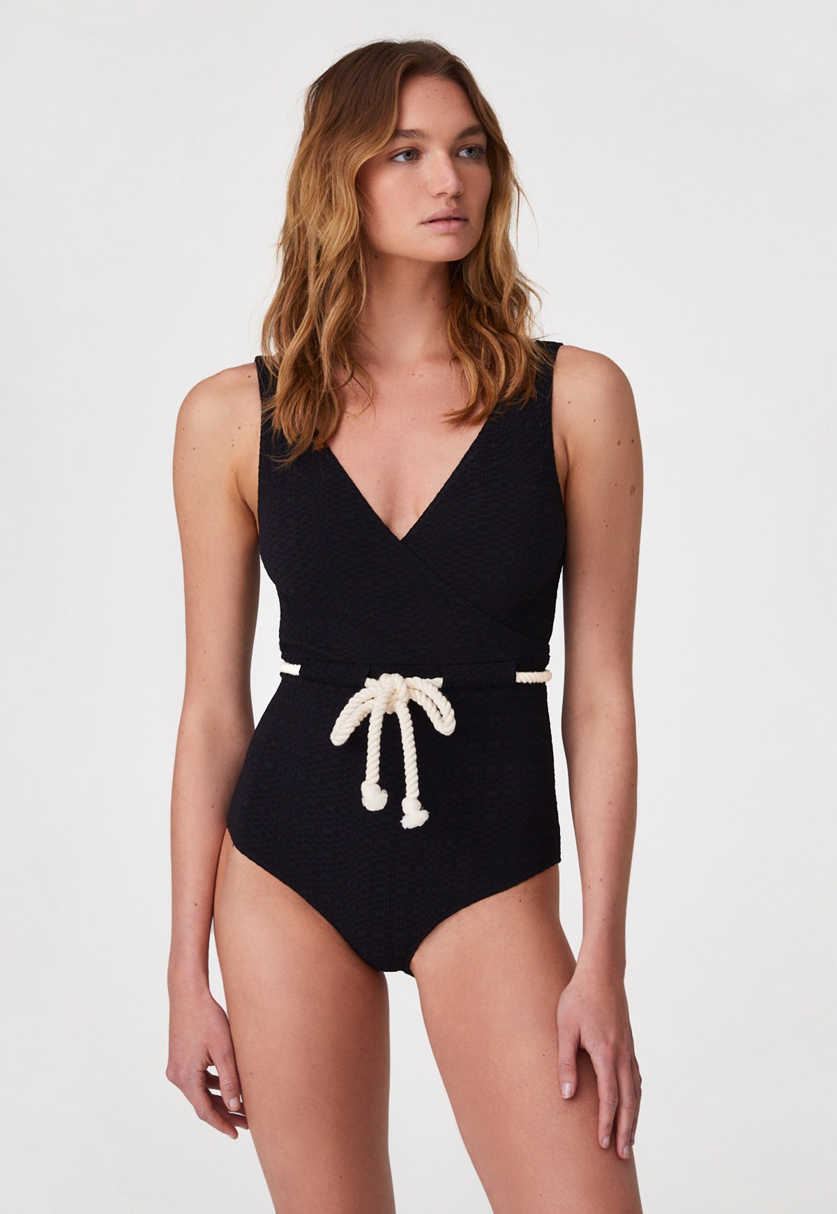 THE YASMIN DRAWSTRING MAILLOT in BLACK SEERSUCKER