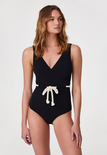 THE YASMIN DRAWSTRING MAILLOT in BLACK SEERSUCKER