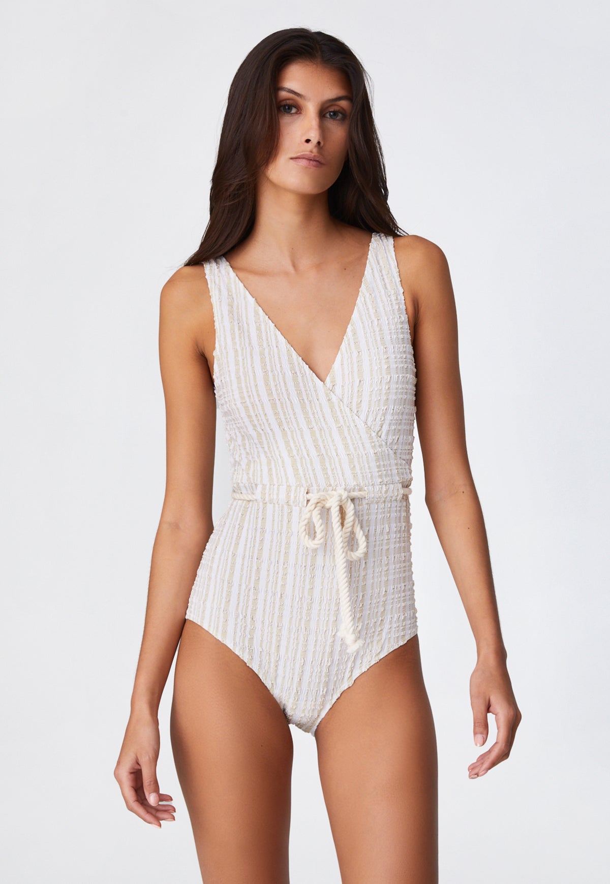 THE YASMIN DRAWSTRING MAILLOT in WHITE & SAND STRIPED SEERSUCKER