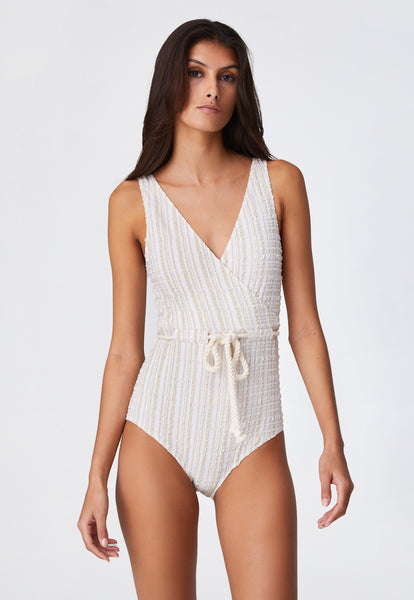 THE YASMIN DRAWSTRING MAILLOT in WHITE & SAND STRIPED SEERSUCKER