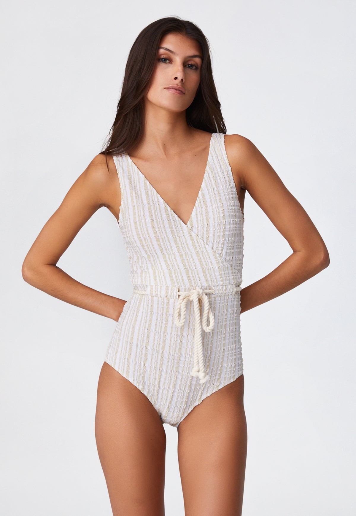 THE YASMIN DRAWSTRING MAILLOT in WHITE & SAND STRIPED SEERSUCKER