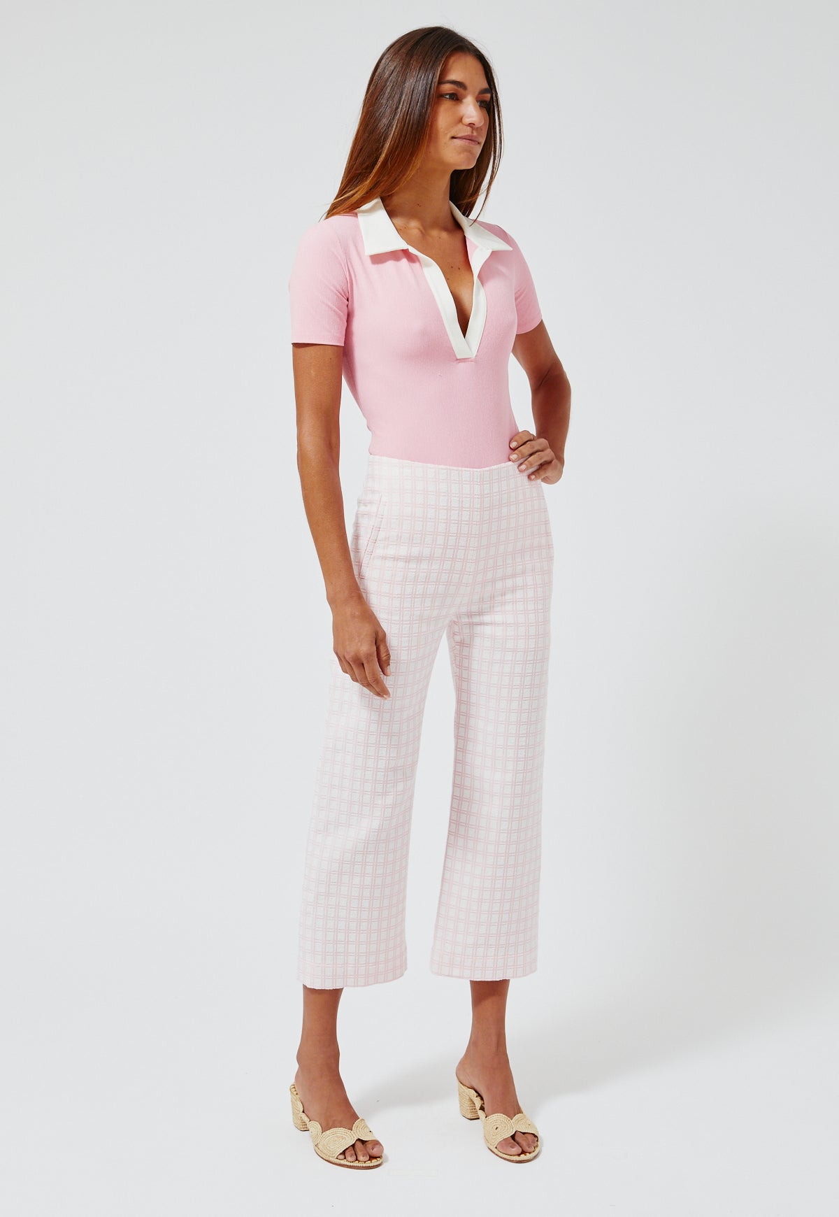THE STRAIGHT LEG TROUSER in VINTAGE PINK CHECK BOUCLE COTTON
