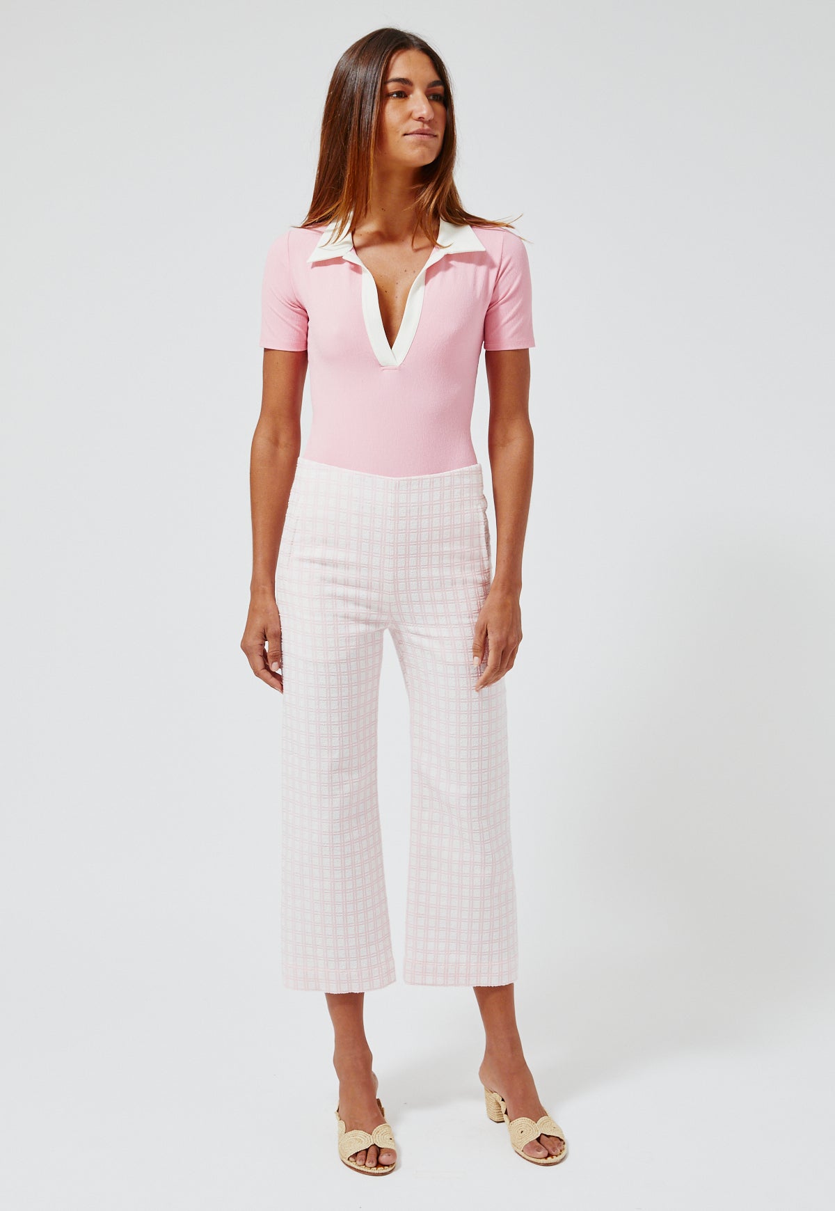 THE STRAIGHT LEG TROUSER in VINTAGE PINK CHECK BOUCLE COTTON