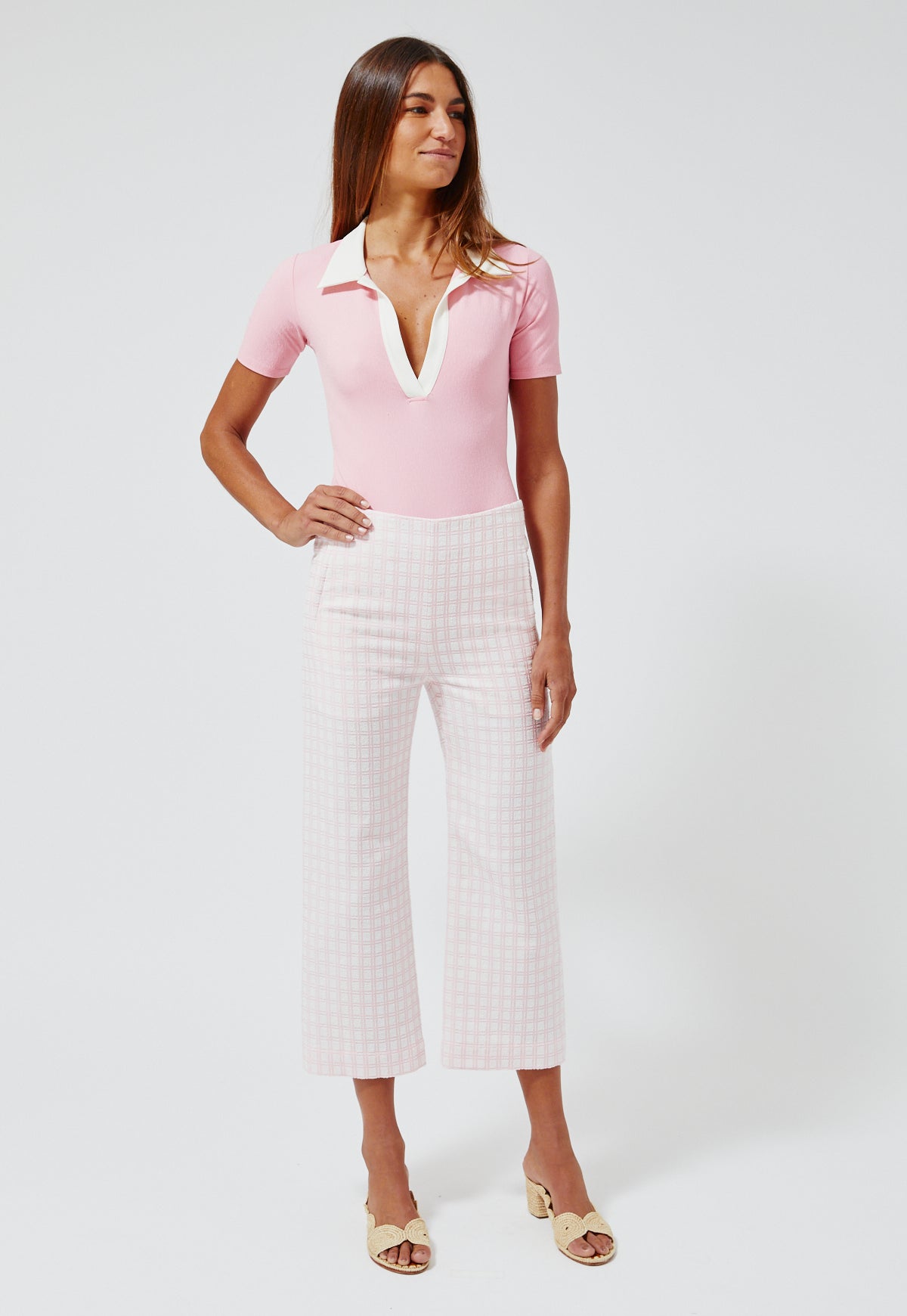 THE STRAIGHT LEG TROUSER in VINTAGE PINK CHECK BOUCLE COTTON
