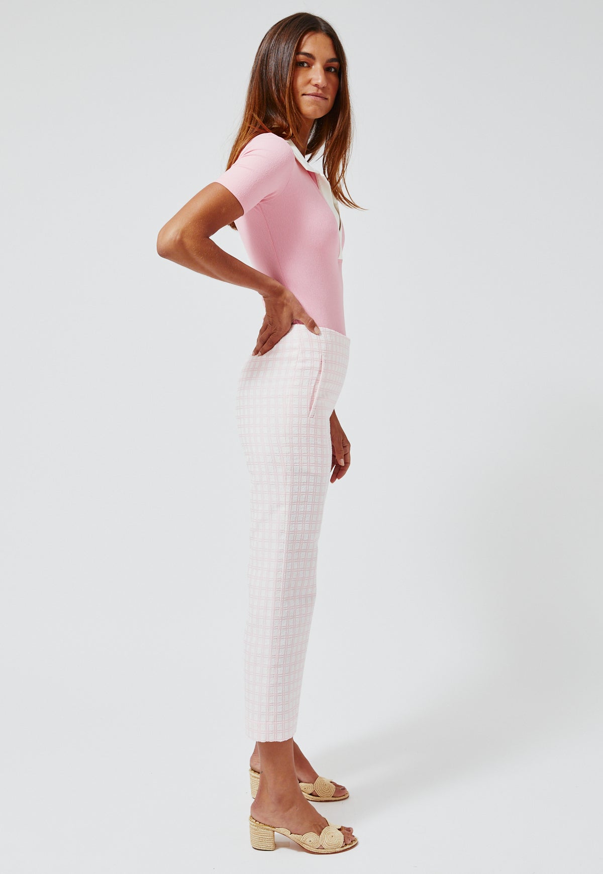 THE STRAIGHT LEG TROUSER in VINTAGE PINK CHECK BOUCLE COTTON
