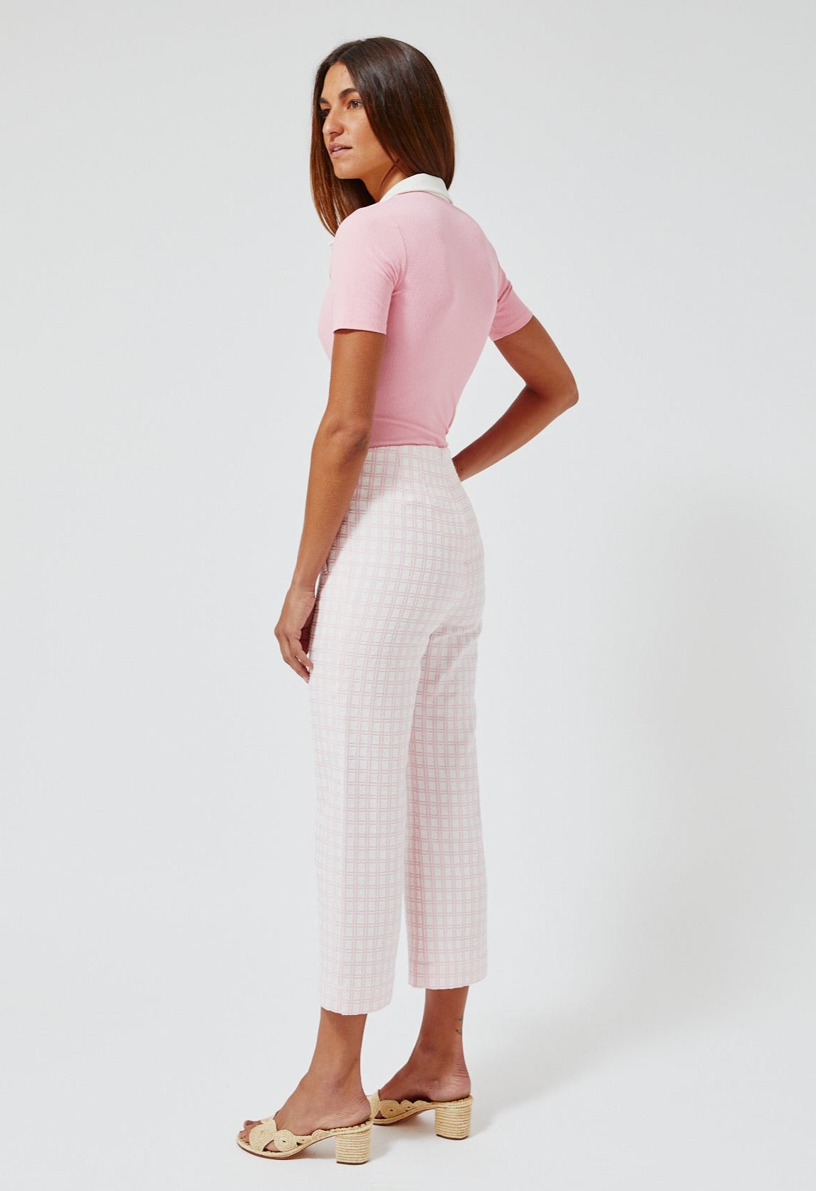 THE STRAIGHT LEG TROUSER in VINTAGE PINK CHECK BOUCLE COTTON