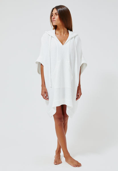 THE HOODED PONCHO in WHITE HONEYCOMB PIQUE