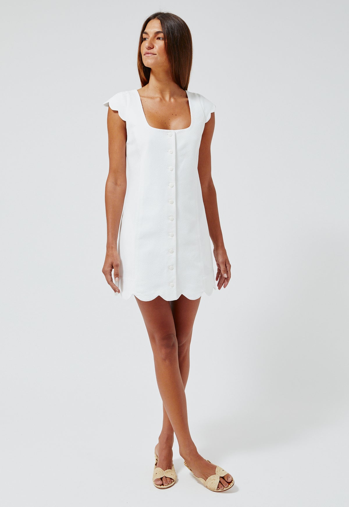 THE SCALLOP DRESS in WHITE SWISS DOT PIQUE COTTON