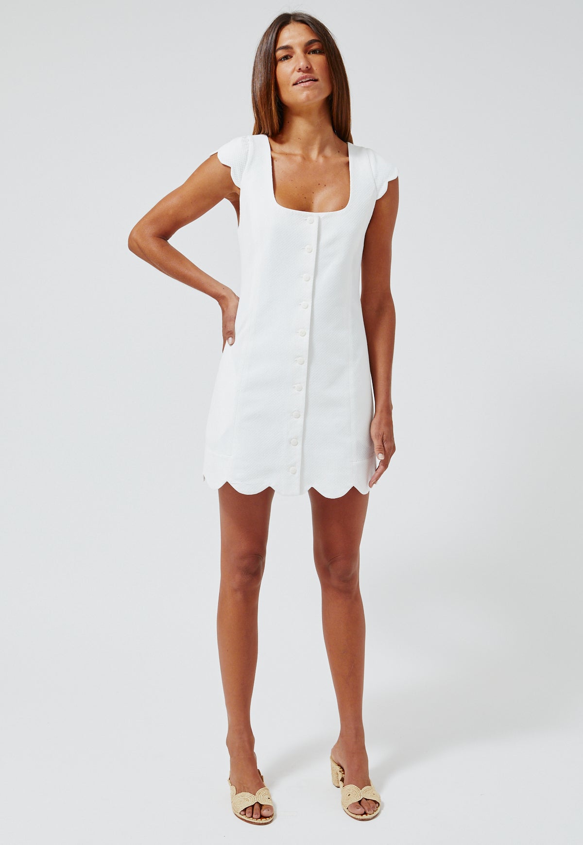 THE SCALLOP DRESS in WHITE SWISS DOT PIQUE COTTON