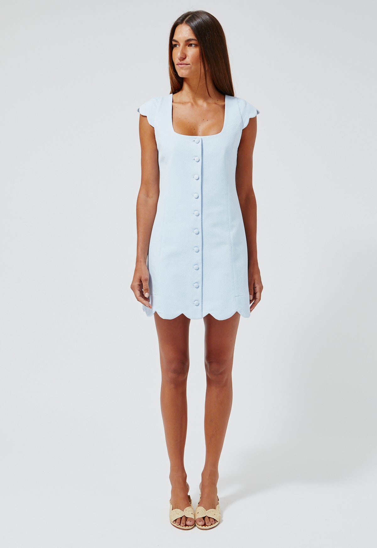 THE SCALLOP DRESS in PALE BLUE SWISS DOT PIQUE COTTON