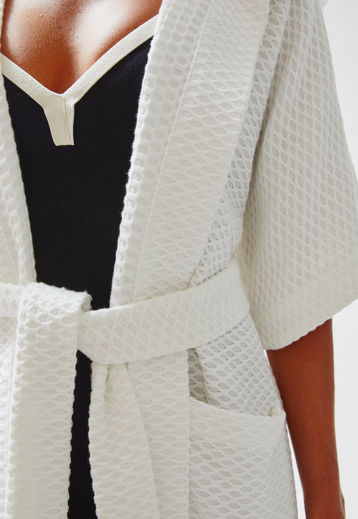 THE HOODED DRESSING GOWN in WHITE HONEYCOMB PIQUE