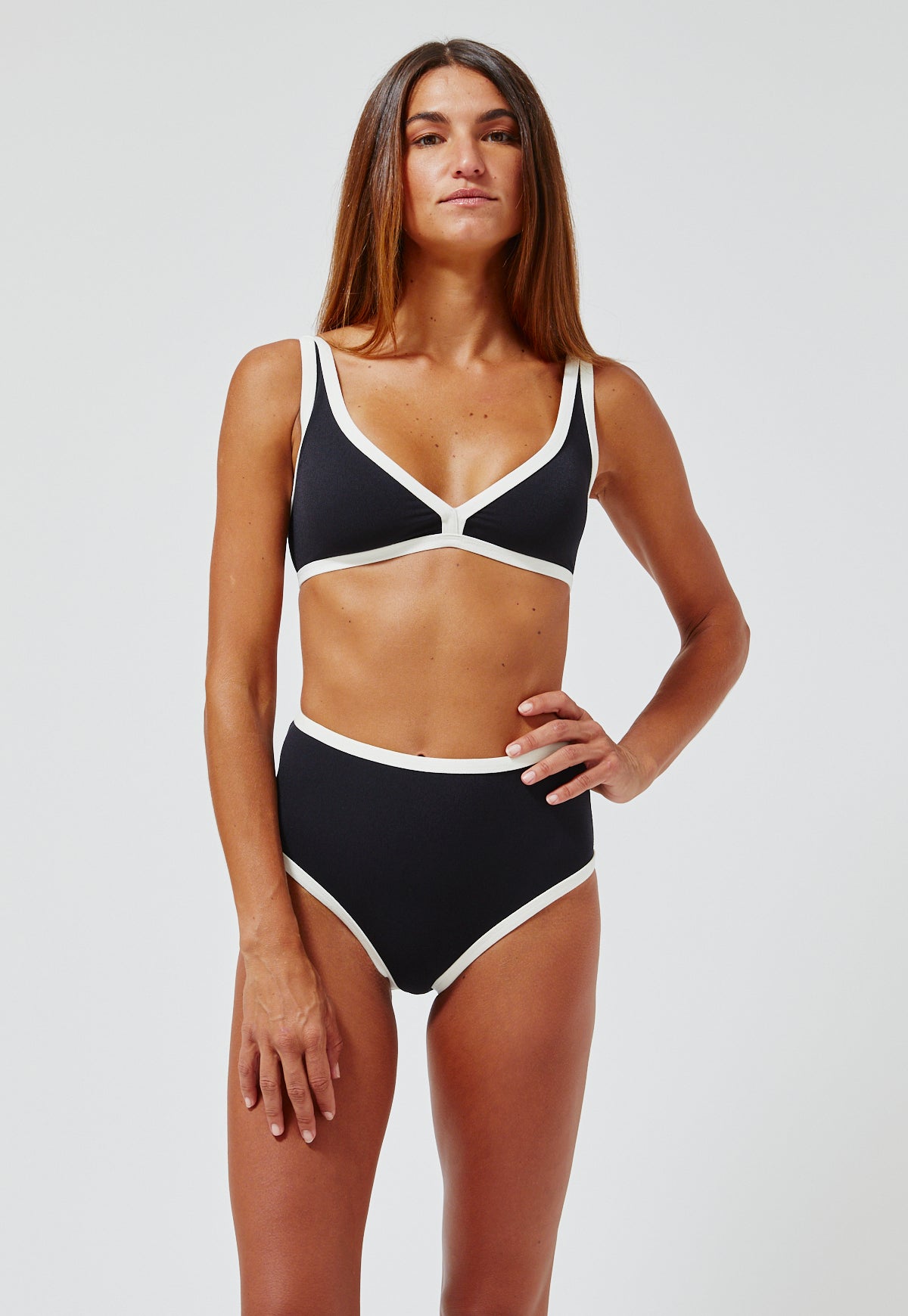 THE MARIA HIGH-WAIST BIKINI in BLACK & CREAM CREPE