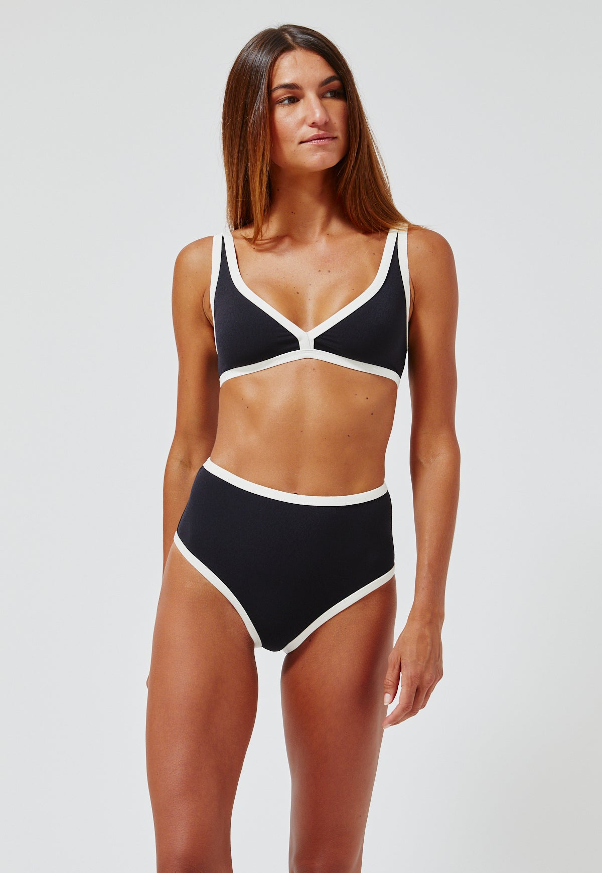 THE MARIA HIGH-WAIST BIKINI in BLACK & CREAM CREPE