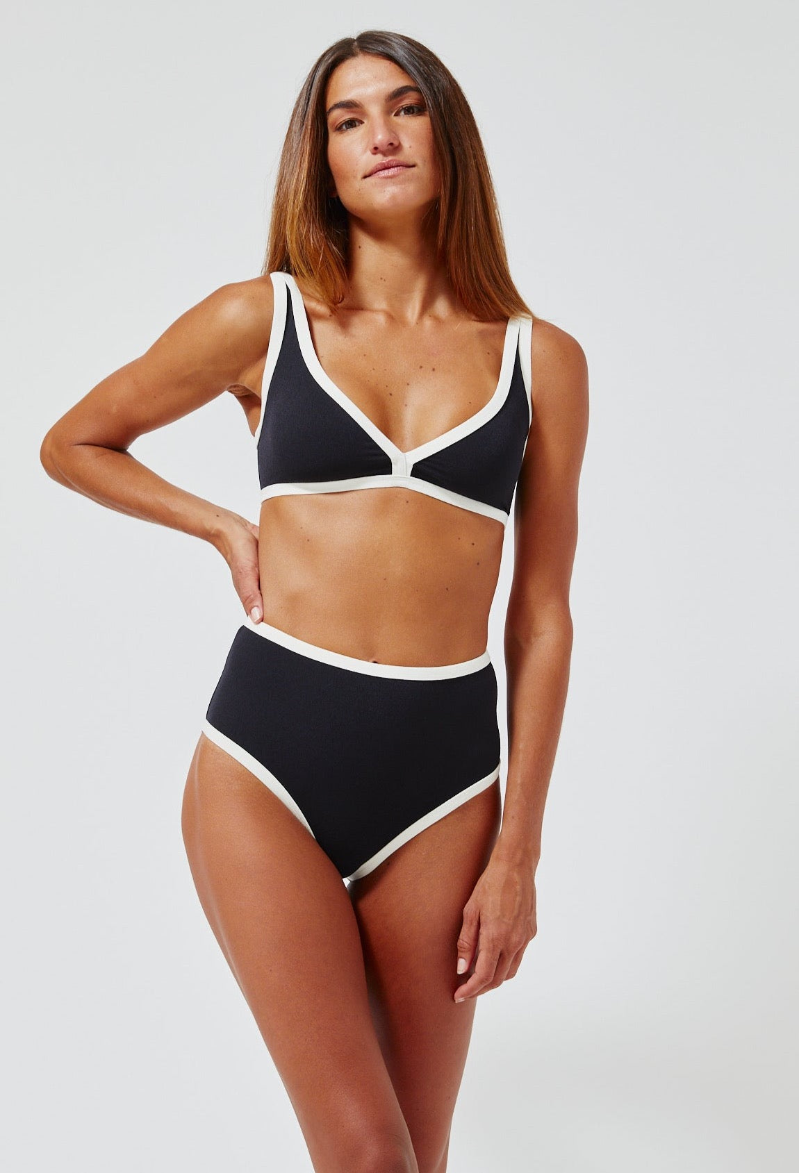 THE MARIA HIGH-WAIST BIKINI in BLACK & CREAM CREPE