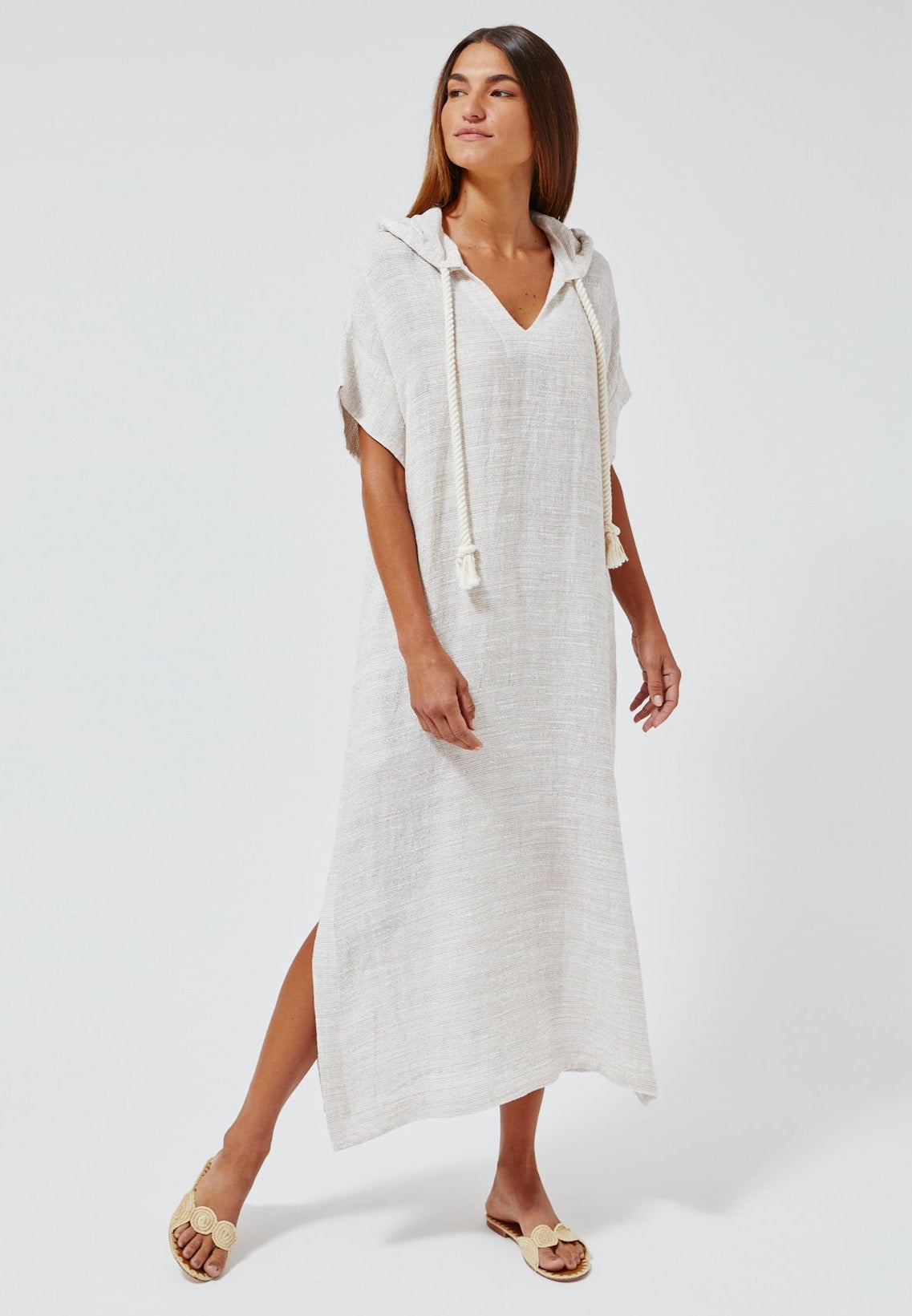 THE DRAWSTRING HOODED CAFTAN in NATURAL STRIPED GAUZE