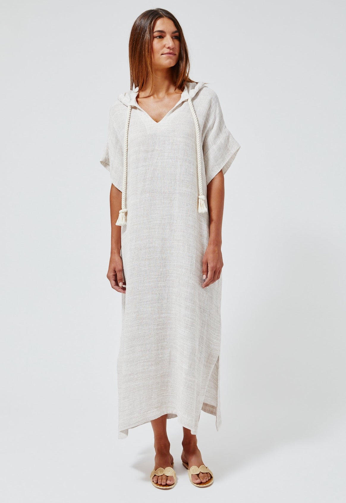THE DRAWSTRING HOODED CAFTAN in NATURAL STRIPED GAUZE