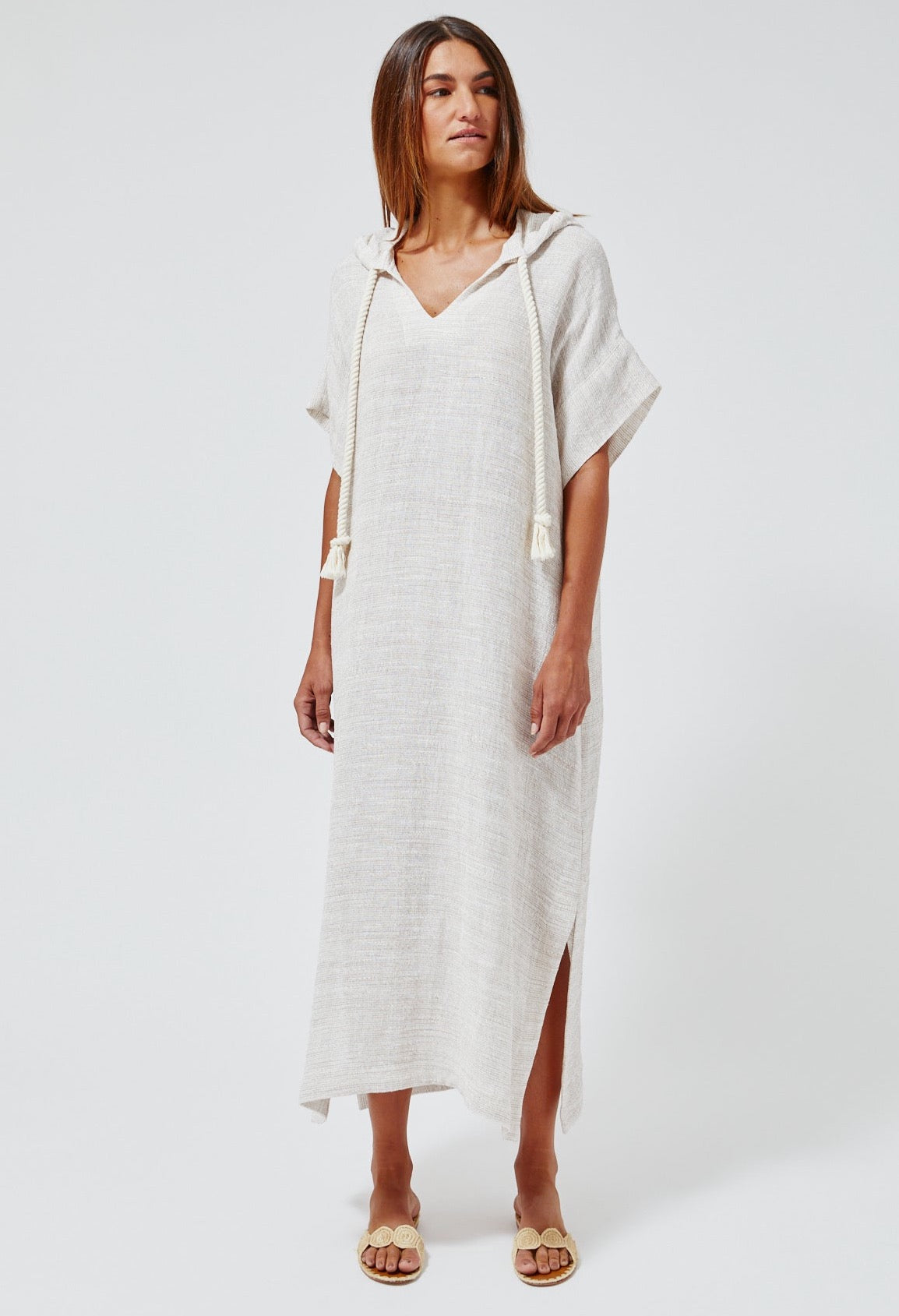 THE DRAWSTRING HOODED CAFTAN in NATURAL STRIPED GAUZE