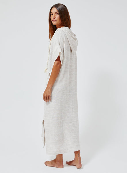 THE DRAWSTRING HOODED CAFTAN in NATURAL STRIPED GAUZE