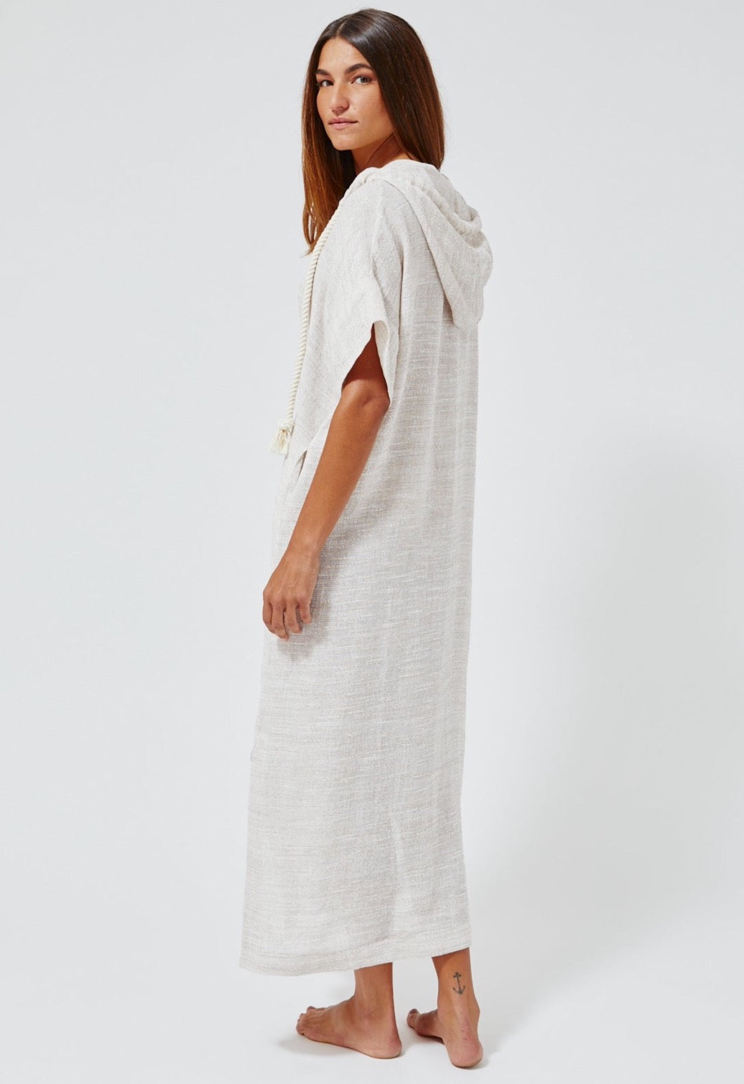 THE DRAWSTRING HOODED CAFTAN in NATURAL STRIPED GAUZE